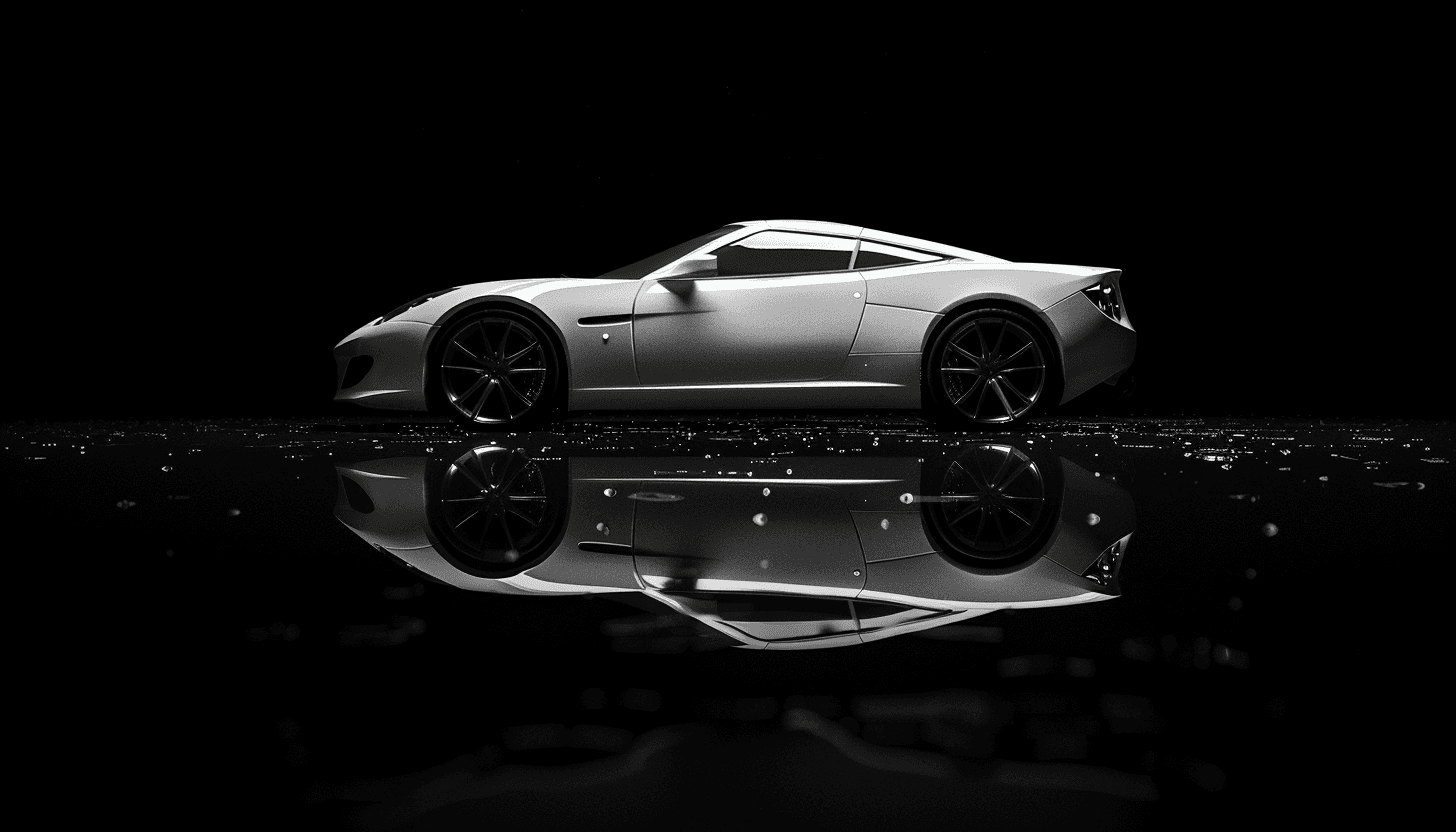 Silver luxury car detailed to a showroom shine, reflected on a wet floor